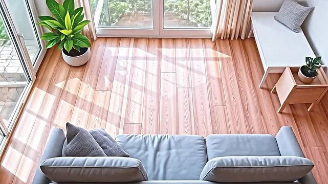 gleaming pastel parquet floor posed of smooth, textured hardwood grain panels; abstract, upside down, high angle shot focusing on the floor; minimal stylized furniture clustered at the bottom