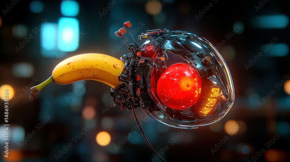 Poster futuristic robot with banana and red sphere in a sci-fi background