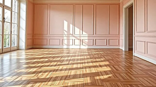 low angle, third person perspective reveals an expansive hardwood floor meticulously laid in a parquet pattern, smooth, pastel toned panels, catching subtle side lighting, create an airy