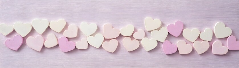 Fototapeta premium Row of pastel-colored heart-shaped treats on a light purple surface.