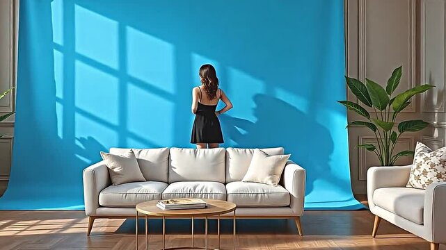 above, a subject poised against a floodlit, crystal blue backdrop with expansive copy space, below, a smooth, textured hardwood floor, meticulously crafted from parquet paneling