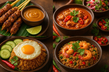 Delicious indonesian cuisine featuring satay, peanut sauce, curry, and nasi goreng with egg and shrimp