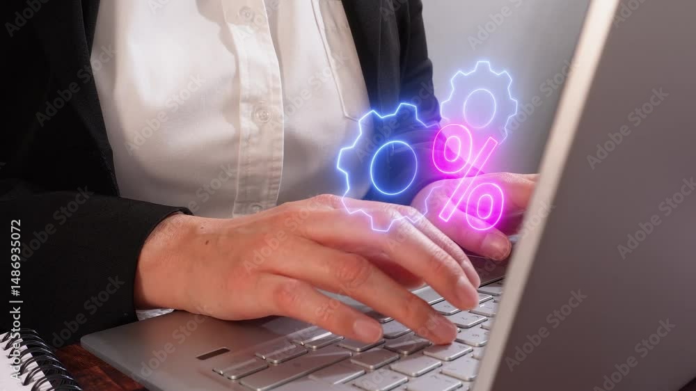 Poster background of a woman working on a computer, with a virtual icon of gears with a percentage sign