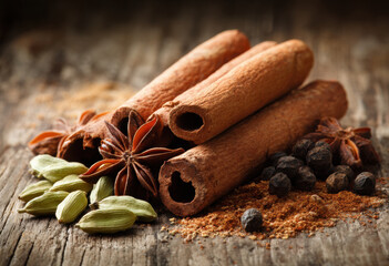 Cinnamon sticks, star anise, cardamom pods, and black pepper on rustic wooden surface create warm, inviting atmosphere