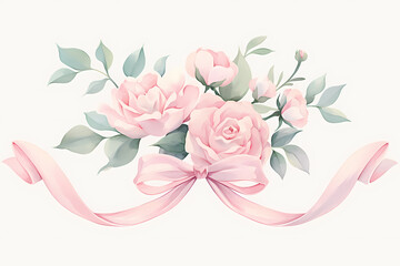 Delicate watercolor painting of pink roses and a bow. Perfect for wedding invitations or romantic designs.
