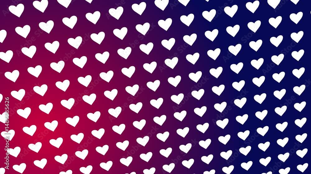 Poster background with a moving pattern of white hearts moving upwards, on a red and blue gradient backgrou