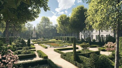 Naklejka premium Serene Garden Landscape: A Tranquil French Garden Paradise
