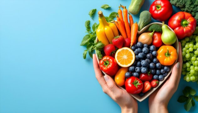 Heart-shaped collection of healthy foods against a blue backdrop, highlighting the importance of wellness and nutritious choices - Powered by Adobe