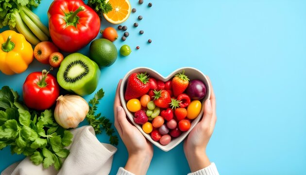 Colorful fruits and vegetables arranged in a heart shape on a blue background, promoting healthy eating and self-care