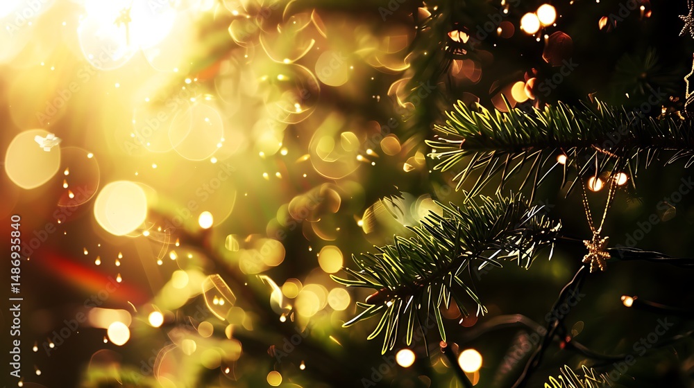 Poster close up of christmas tree with golden bokeh background and soft glowing lights