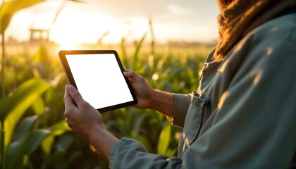 At golden hour, a farmer uses a tablet in a corn field, with a tractor behind, illustrating the blend of technology and farming