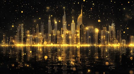 Fototapeta premium Golden cityscape at night, shimmering lights reflecting on water, golden particles falling
