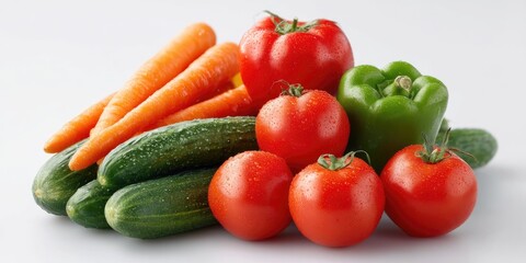 A vibrant mix of fresh vegetables, including tomatoes, bell peppers, cucumbers, and carrots, piled together on a white background. 