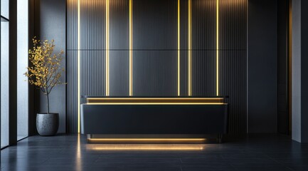 Sleek, modern reception desk with warm gold accents in a dark, sophisticated space