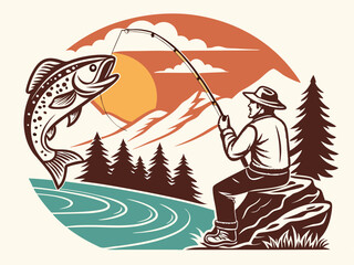 Vintage Fishing Adventure: Retro Vector Illustration of Angler and Leaping Fish
