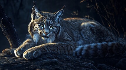 Lynx resting in dark forest