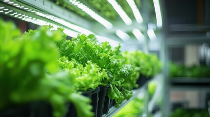 Indoor Hydroponic Farming: Green Leafy Lettuce Under LED Lights