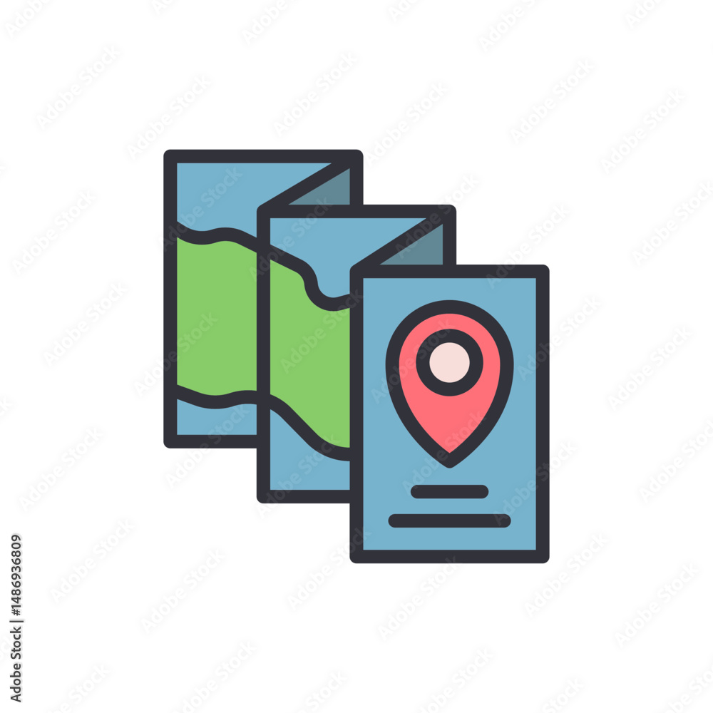 Poster folded road map with location pin icon for journey navigation