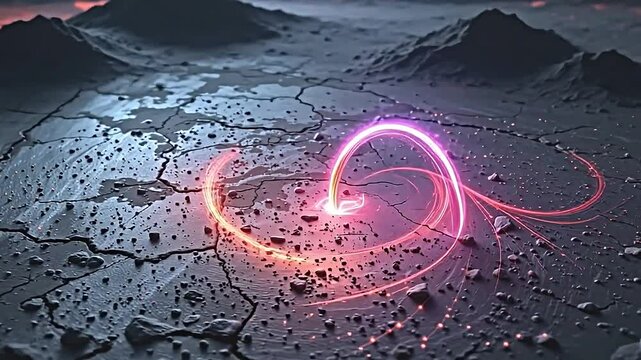 a textured, horizontal flat lay, shot with a fish eye lens under a stormy flash, featuring neon glow highlighting digitally generated data points manifesting as a wave curving upwards and rightward