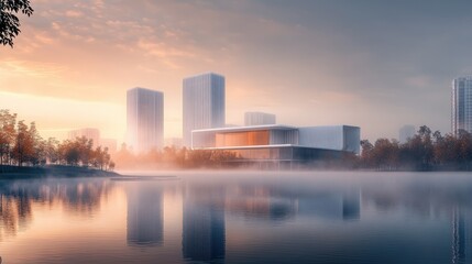 Obraz premium Modern Cityscape at Sunrise with Foggy Lake Reflection