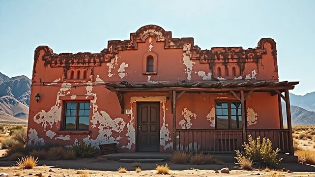 image: daytime photograph, exuberantly lit, showcasing a rough, weathered structure in a western inspired landscape, colours saturated in a warm, patterned grain