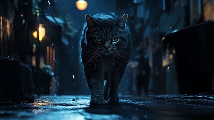 Tabby cat walking city street night
