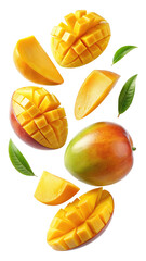 Flying Mango Fruit with Half Slices isolated on transparent white background, clipping path