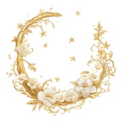 Golden crescent moon adorned with white flowers and stars