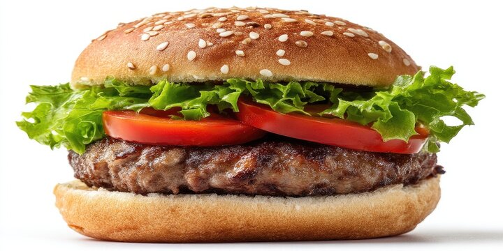 An open-faced beef burger showcasing the patty, lettuce, and tomato, isolated on white with a clipping path for versatile use. 