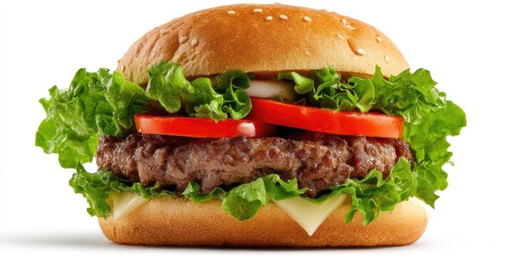 An open-faced beef burger showcasing the patty, lettuce, and tomato, isolated on white with a clipping path for versatile use. 
