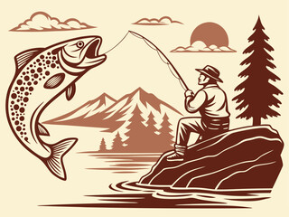 Vintage Fishing Adventure: Retro Vector Illustration of Angler and Leaping Fish