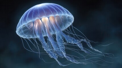 Radiant jellyfish in a dark ocean setting.