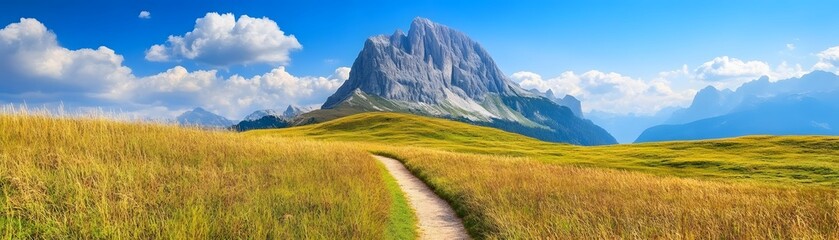 Naklejka premium Scenic mountain vista with golden field and pathway.
