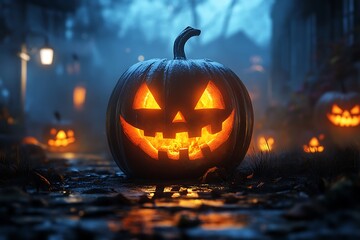 Fototapeta premium Glowing Jack-o'-Lantern in Spooky Halloween Night Scene with Fog and Lanterns