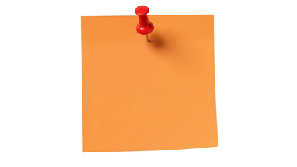 Orange blank sticky Post-it note with a red pushpin, isolated on transparent background—symbolizing thoughtful reminders, creativity, and organization with a touch of sophistication.