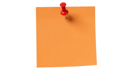 Orange blank sticky Post-it note with a red pushpin, isolated on transparent background—symbolizing thoughtful reminders, creativity, and organization with a touch of sophistication.