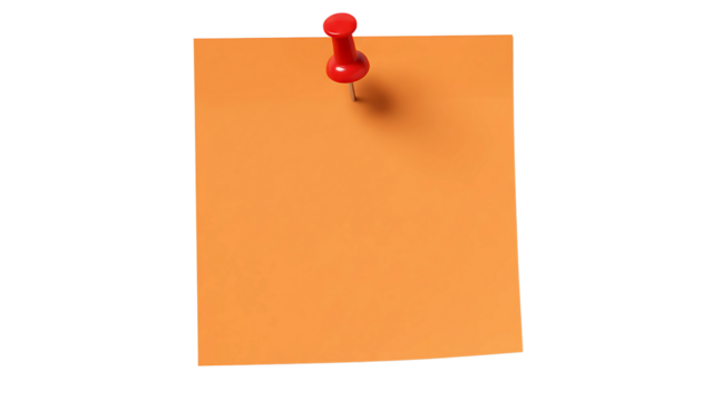 Orange blank sticky Post-it note with a red pushpin, isolated on transparent background—symbolizing thoughtful reminders, creativity, and organization with a touch of sophistication.