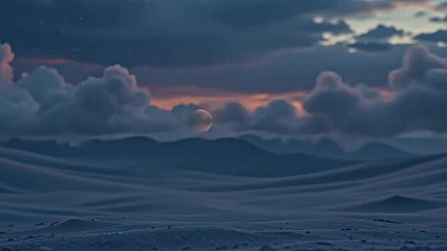 a single, luminous, stylized orb &ndash; lunar in essence &ndash; rests against the blurry horizon under a cloudy dusk sky, its surface glowing with inner light; swirls of fog emulate a distant galaxy