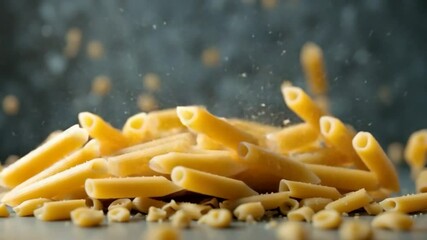 Falling uncooked pasta penne close up - Powered by Adobe