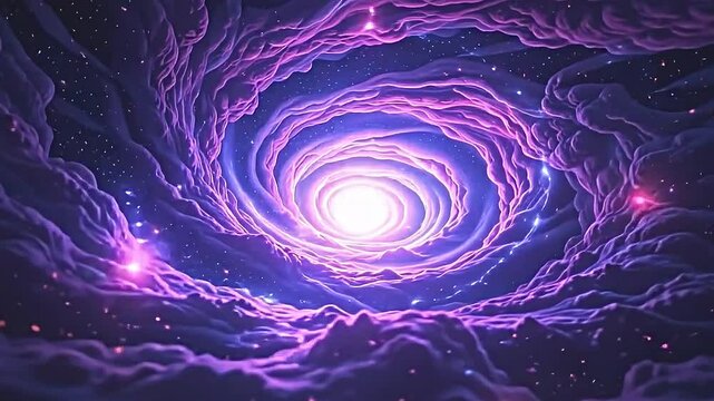 a horizontal, digitally generated image depicting a crowded, deep purple nebula swirling outward into an infinite galaxy, stars blaze through cosmic dust with an ethereal glow