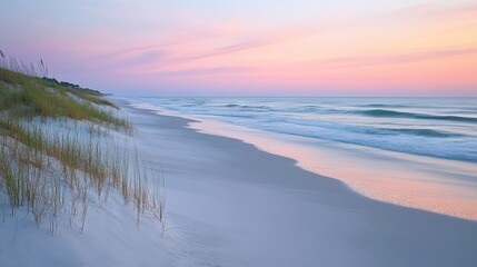 Peaceful Beach Sunset Pastel Sky over Calm Ocean Waves and Sandy Shore
