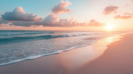 Pastel Sunset over Calm Ocean Waves on Sandy Beach