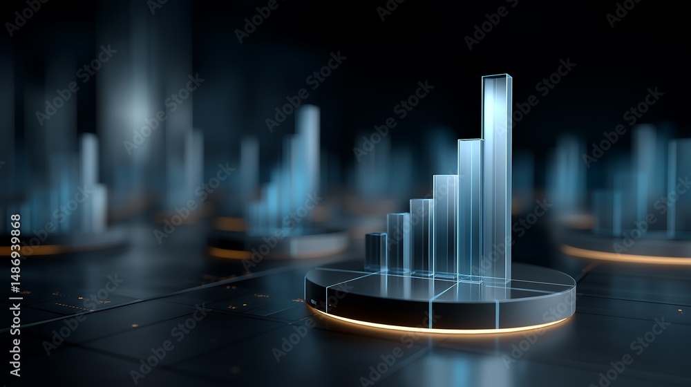 Poster abstract 3d environment with transparent data panels, rising bar charts, spinning pie charts, and fi