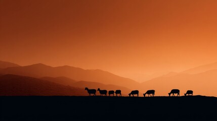 Fototapeta premium A tranquil scene: Sheep grazing near mountains silhouetted against an orange sky