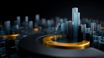 Abstract 3D environment with transparent data panels, rising bar charts, spinning pie charts, and financial numbers visualizing global business growth and performance trends.