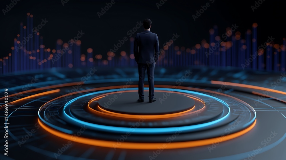 Poster futuristic 3d scene of a businessman analyzing holographic infographics with floating pie charts, li