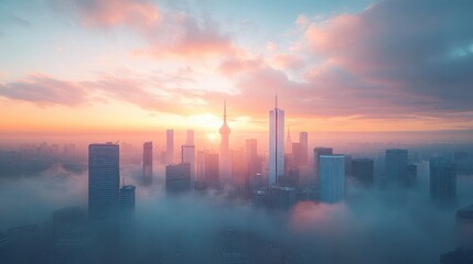 Fototapeta premium Pink and Orange Sunrise over Foggy Cityscape