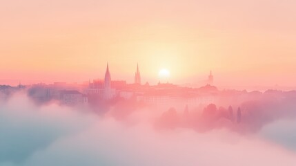 Obraz premium Pink and Orange Sunrise over Foggy Cityscape