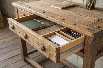 Rustic wooden desk with open drawer close up view - generated by ai