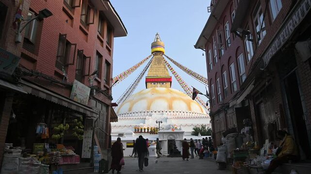 Nepal Boudhanath Stupa Seen From Alley Slow Motion Stabilizer Forward Buddhist Temple World Heritage Site Kathmandu Valley